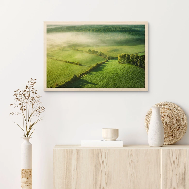 Holzbild Idyllische Felder im Nebel - Keller 