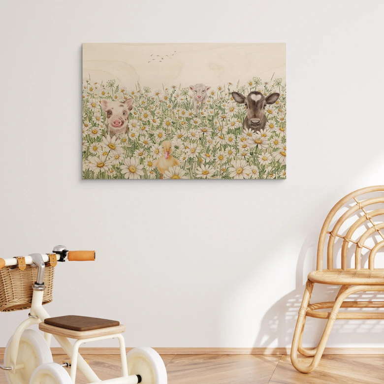 Holzbild Bauernhoftiere auf der Blumenwiese - Kikki Belle 