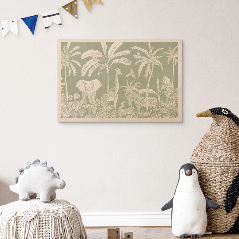 Cuadro de madera de animales de la selva en verde tropical - Kikki Belle 
