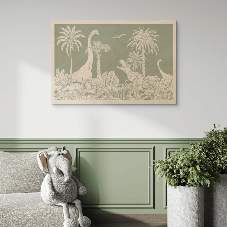 Holzbild Grüne Urzeitwelten - Dinosaurier unter Palmen - Kikki Belle 