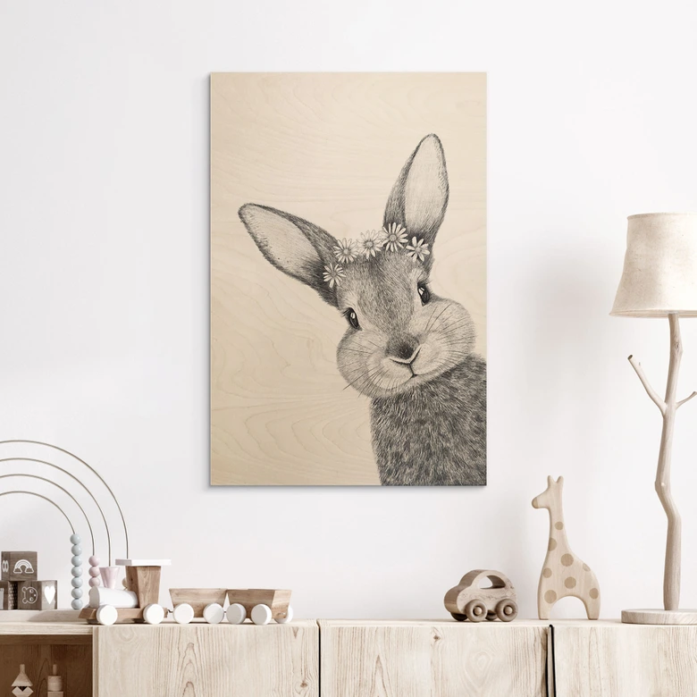 Holzbild Niedlicher Hase mit Kamillenblumen - Korenkova 