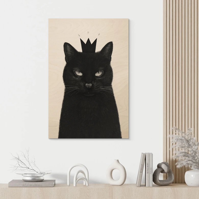Holzbild Schwarze Katze mit Krone - Korenkova 