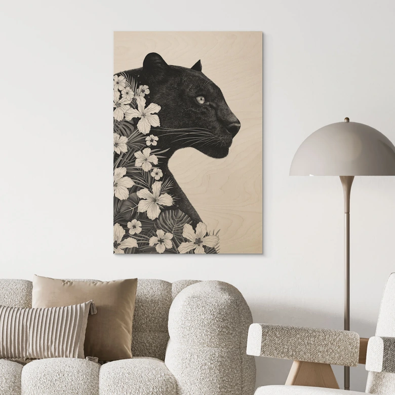Cuadro de madera pantera negra con flores blancas - Korenkova 