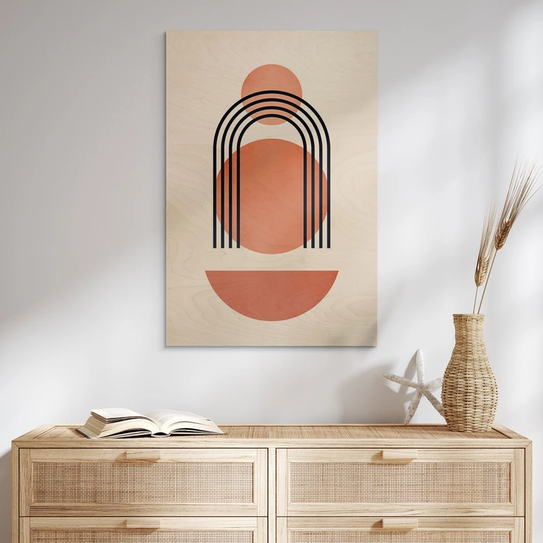 Tableau sur bois Géométrie abstraite en couleur pêche - Kubistika 