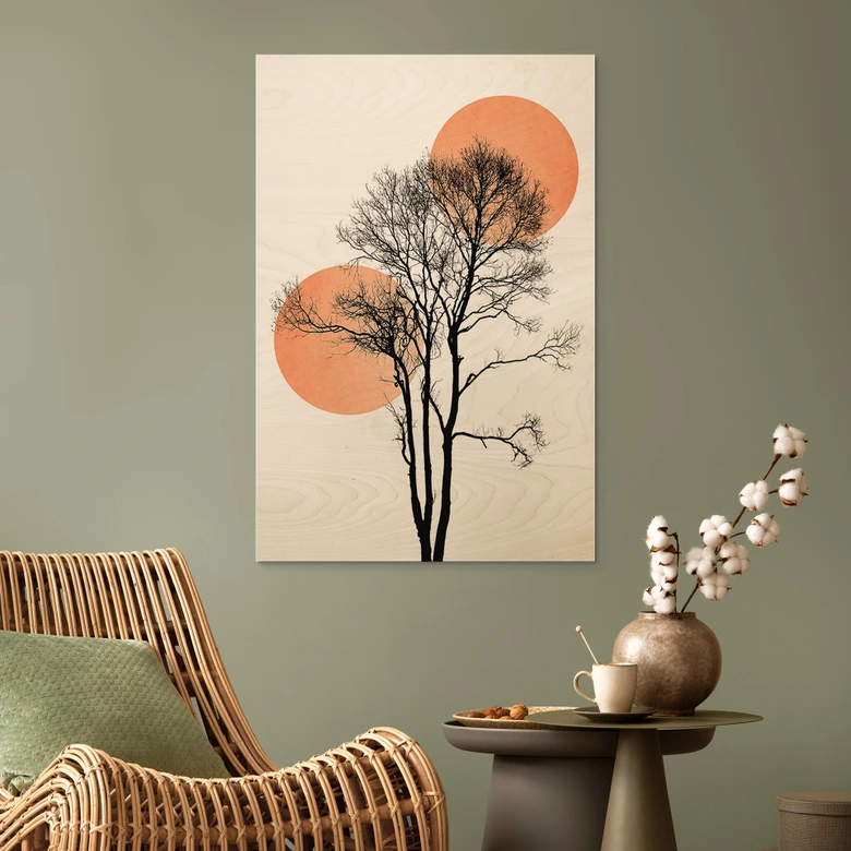 Tableau sur bois Soleil et lune en orange - Kubistika 