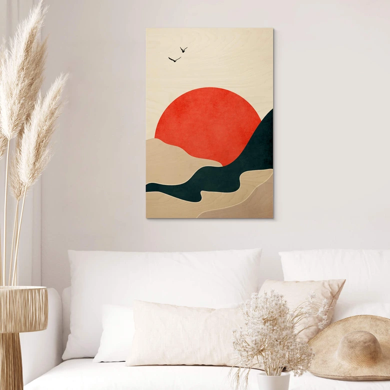 Holzbild Sonnenaufgang in der Landschaft mit Tauben - Kubistika 