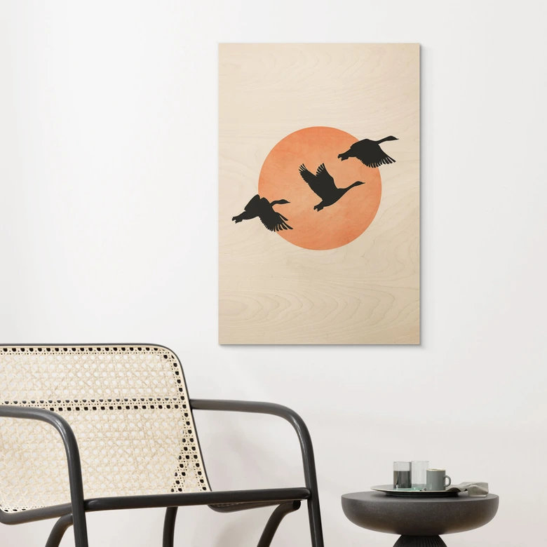 Houten Poster Vogels voor de perzikkleurige zon - Kubistika 