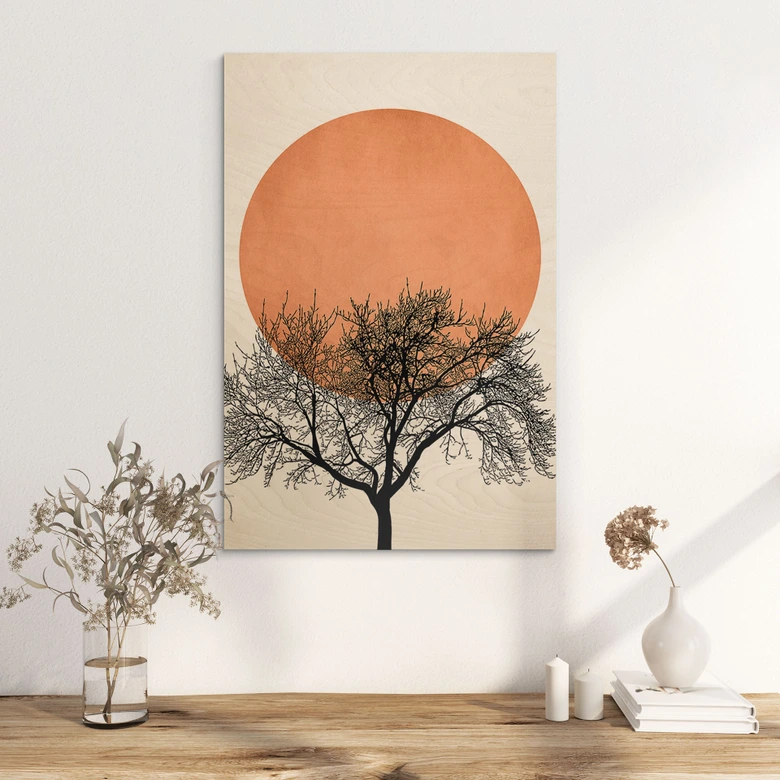 Tableau sur bois Matin d'hiver en couleur pêche - Kubistika 