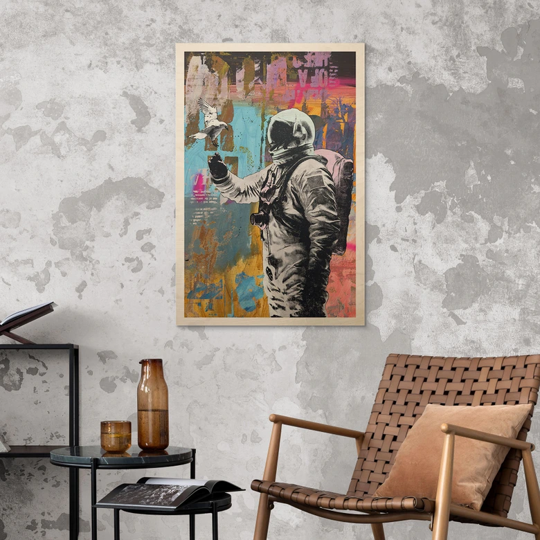 Tableau en bois Astronaute avec colombe - Kuryliuk 