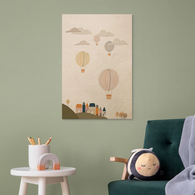 Cuadro de madera Globos aerostáticos de colores en el cielo - Lisboa 