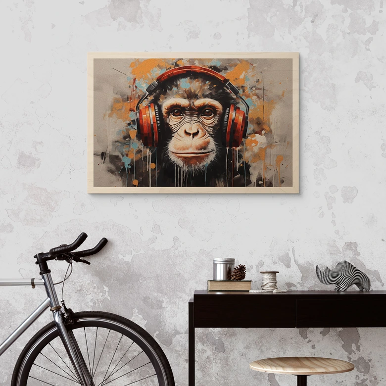 Tableau sur bois Singe DJ avec écouteurs - Magnusson 