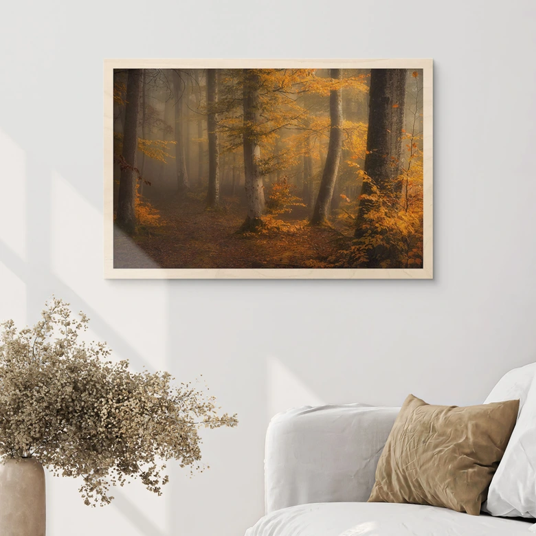 Holzbild Goldene Blätter im nebligen Wald - Maier 