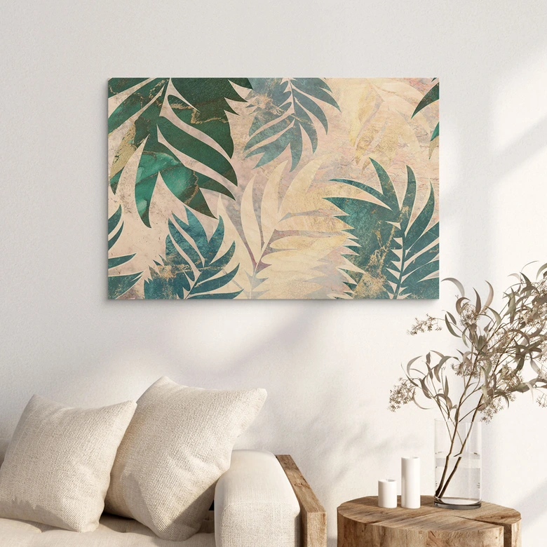 Holzbild Exotische Palmenblätter in Gold-grün - Manovski 