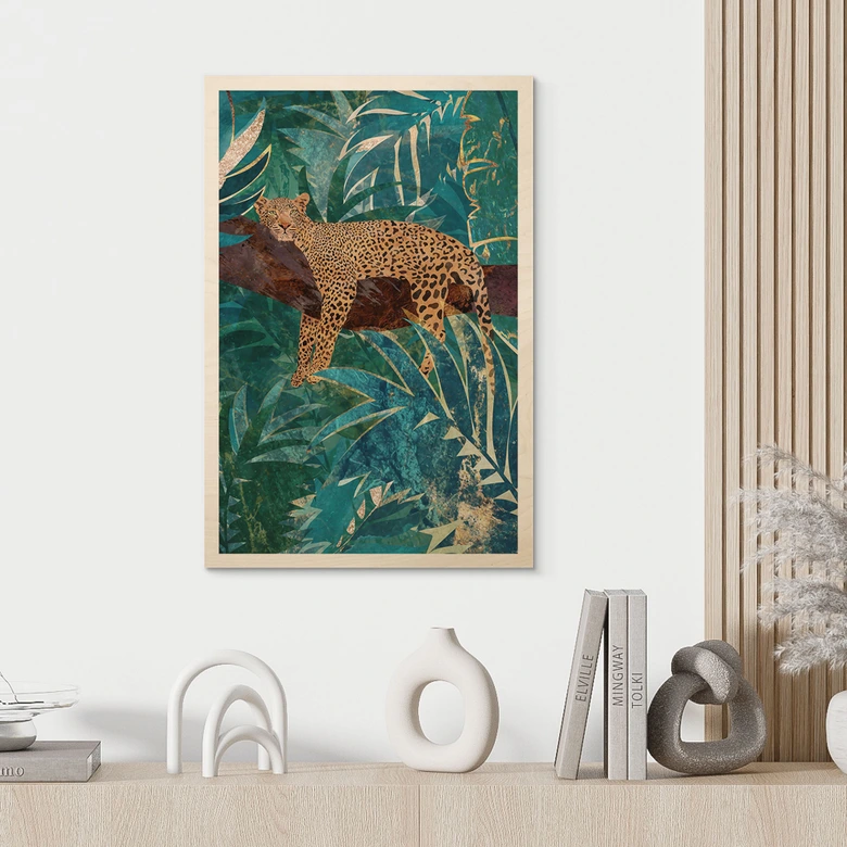 Holzbild Leopard im smaragdgrünen Dschungel - Manovski 