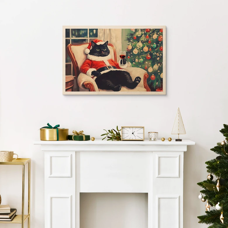 Holzbild Weihnachtskatze mit Wein - Melloi Art Prints 