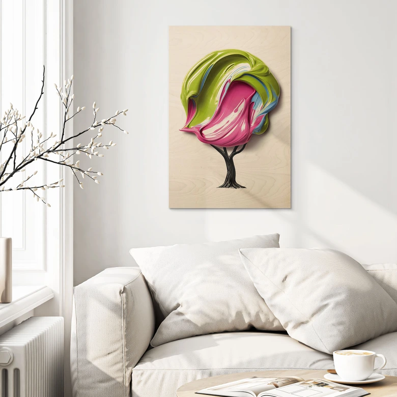 Tableau sur bois Arbre avec couronne 3D colorée - Mielu 