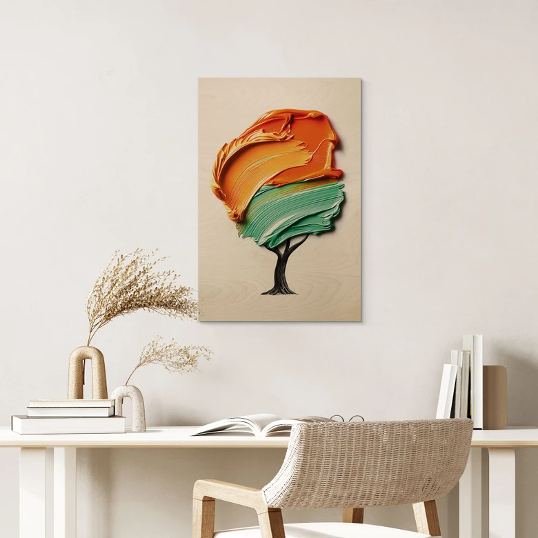 Holzbild Baum mit oranger und grüner 3D-Krone - Mielu 