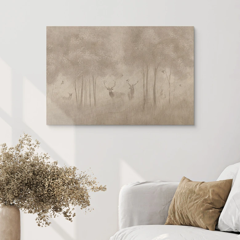 Holzbild Wald - Hirsche im Nebelwald - Ms Tiff 