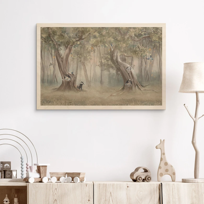 Holzbild Süße Waldtiere zwischen Bäumen - Ms Tiff 