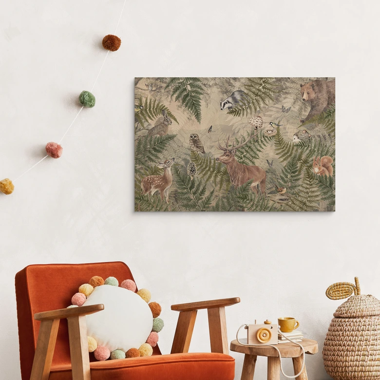 Holzbild Waldtiere zwischen Farn und Blättern - Ms Tiff 
