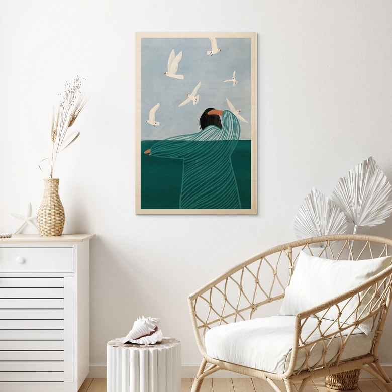 Holzbild Frau mit Möwen am Meer - Müller 