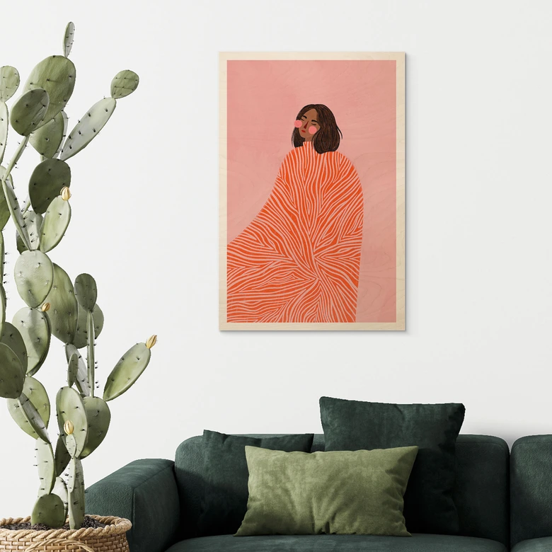 Holzbild Frau mit orangefarbener Decke - Müller 