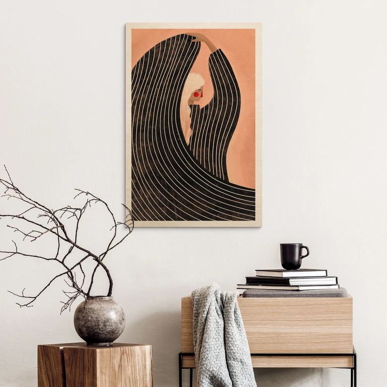 Holzbild Frau mit schwarzem Streifenkleid - Müller 