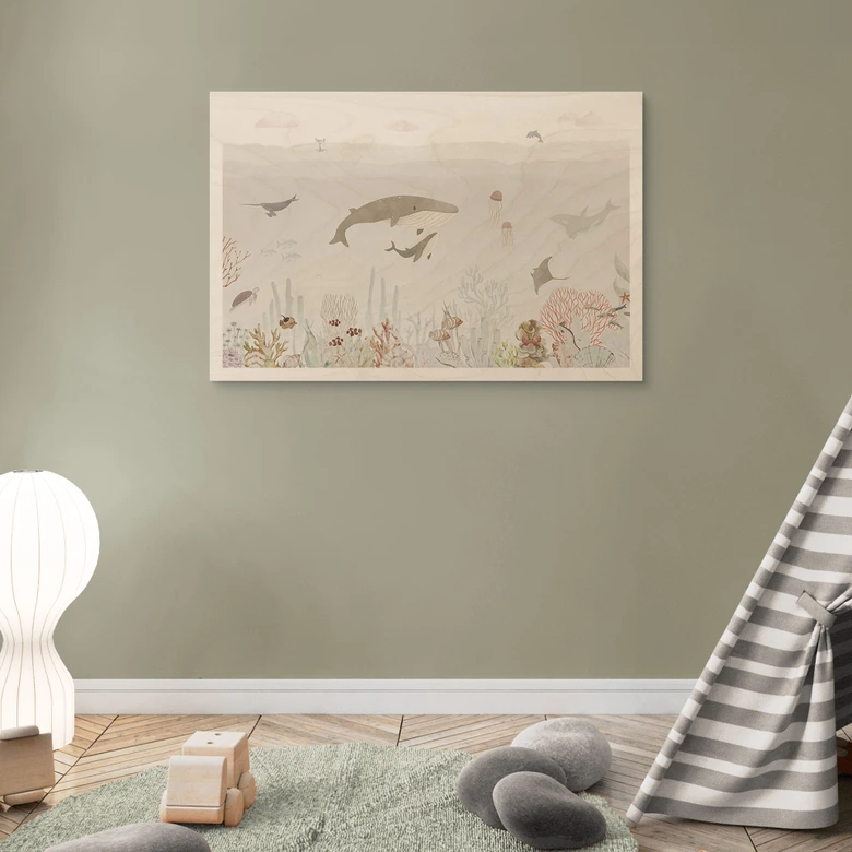 Holzbild Wale und ihre Freunde in der Unterwasserwelt - Kinderzimmer - Oliver Robins 