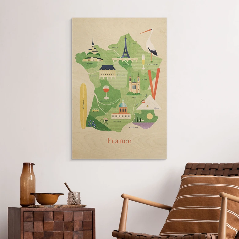 Holzbild Karte von Frankreich - Rivers 