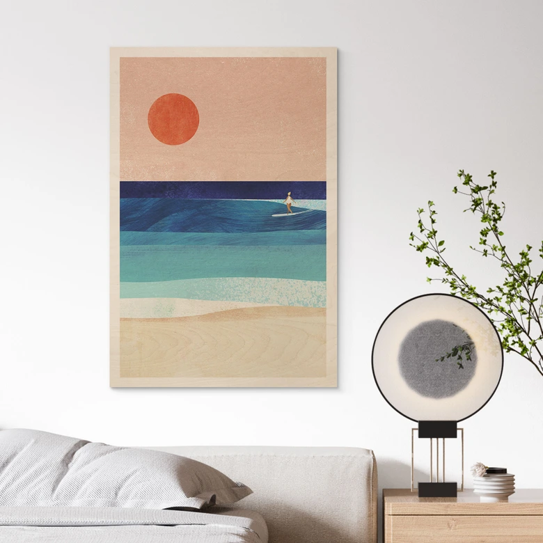 Holzbild Surfer Mädchen beim Sonnenuntergang - Rivers 