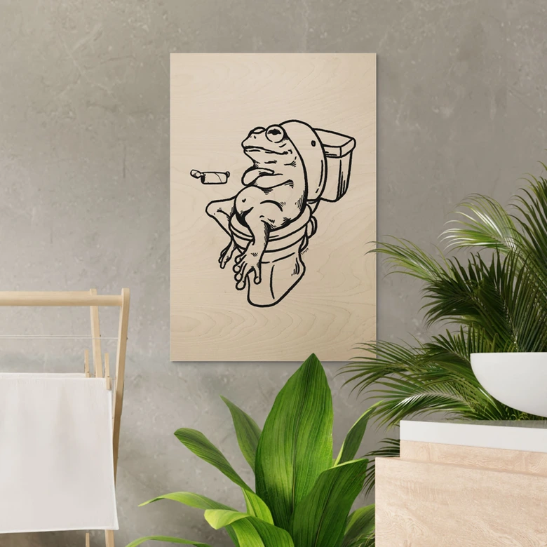 Holzbild Warten auf der Toilette - Humorvolle Frosch-Illustration - Royle 