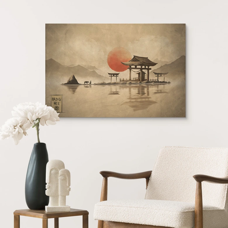 Holzbild Japanischer Tempel im Sonnenaufgang - Roze 