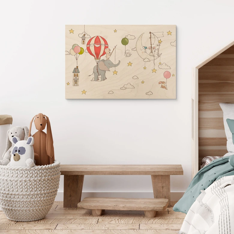 Houten Poster - Vliegende dieren met heteluchtballon - Skellern 