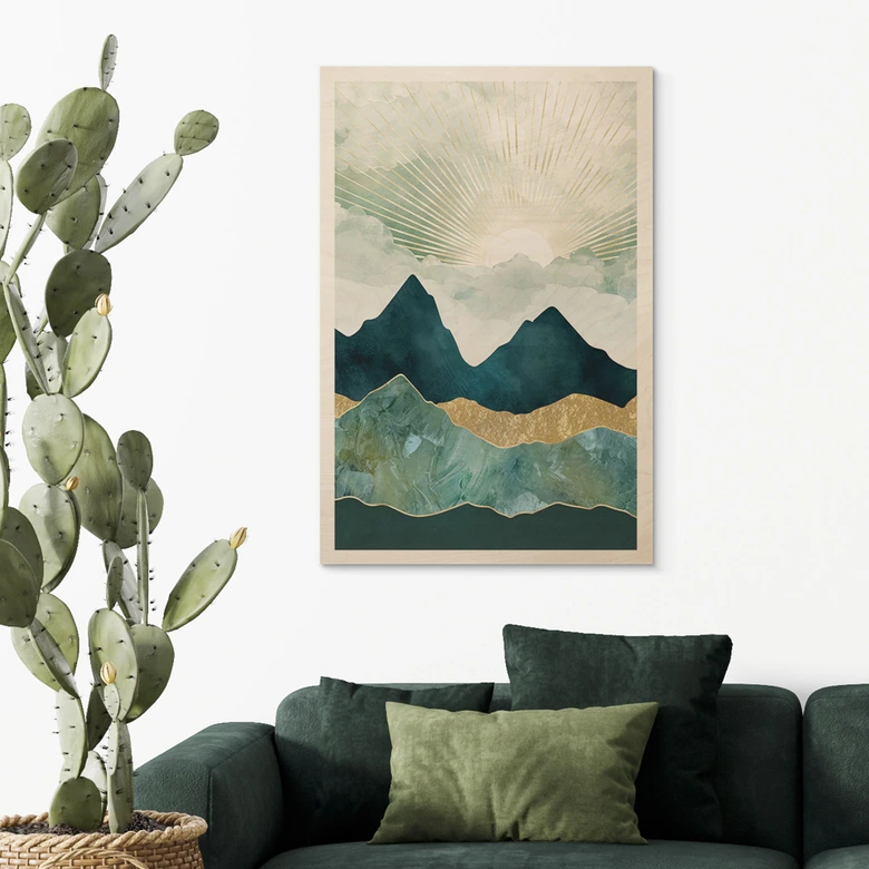 Houten Poster - Zonnig landschap in blauw en goud - SpaceFrog Designs 