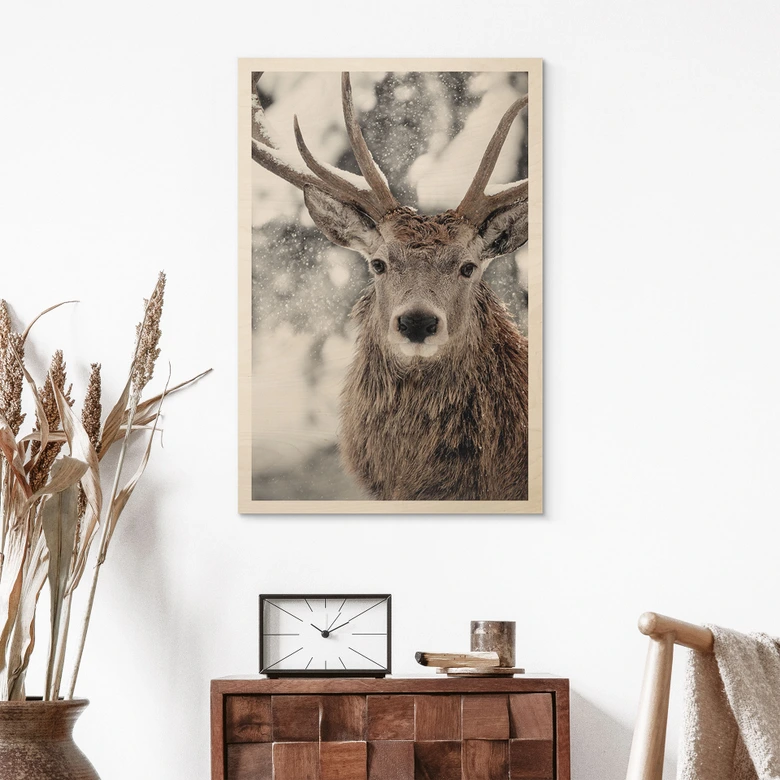 Houten Wanddecoratie hert in een sneeuwjacht - Strigel 