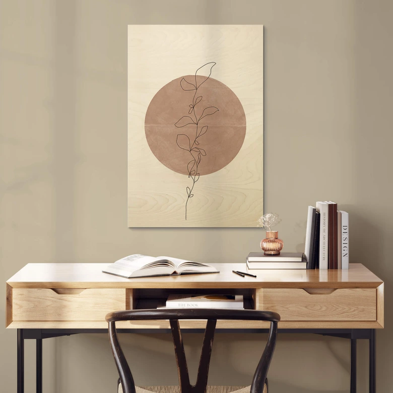 Holzbild The Miuus Studio - Line Art - Pflanze vor Vollmond 