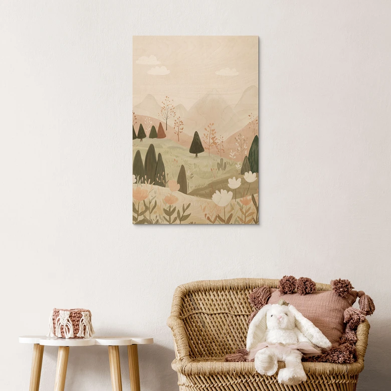 Tableau sur bois Pastel Paysage de montagne avec fleurs - Treechild 