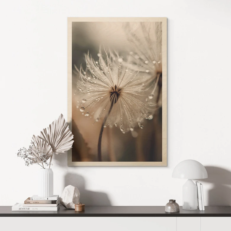 Holzbild Pusteblume in Morgentau - Treechild 