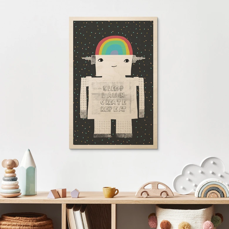 Tableau sur bois Robot arc-en-ciel Sleep Laugh Create - Treechild 