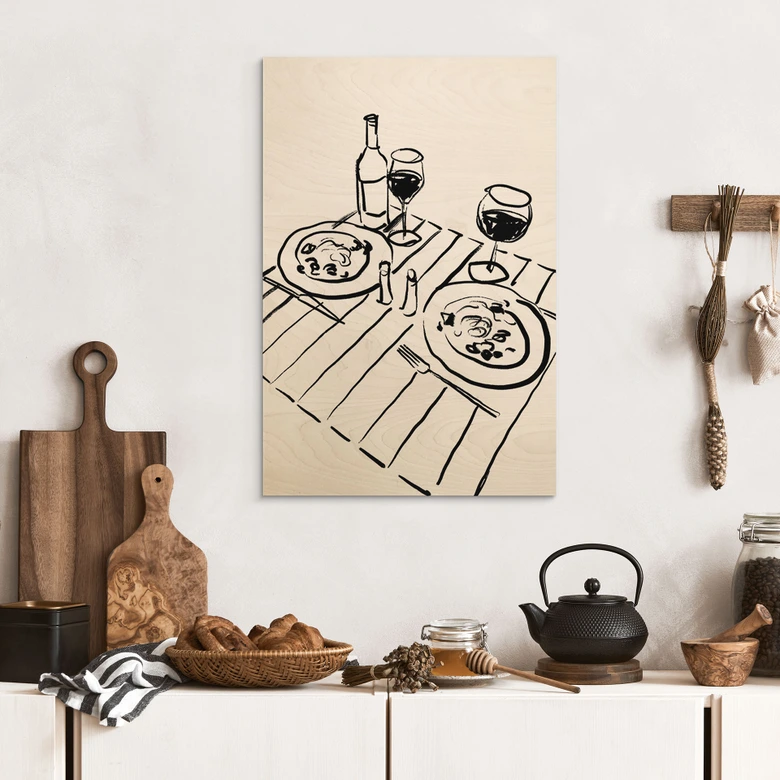 Holzbild Stillleben-Dinner mit Wein - Treechild 