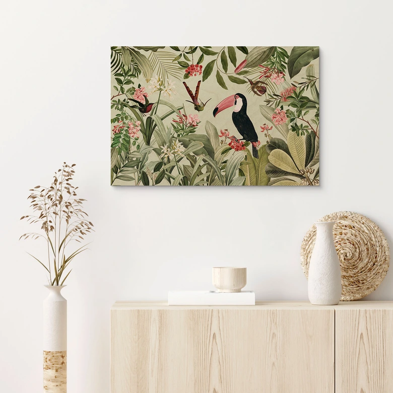 Plakat drewniany tukan w rajskiej dżungli - UN Designs 
