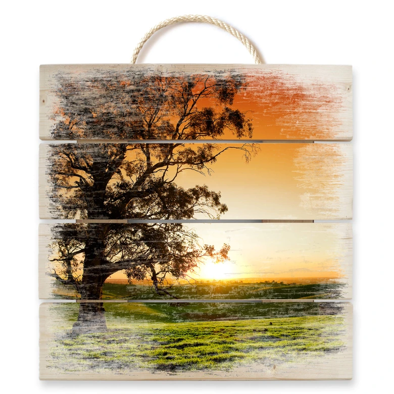 Holzbild Sonnenuntergang über den Hügeln - 40x41,5 cm 