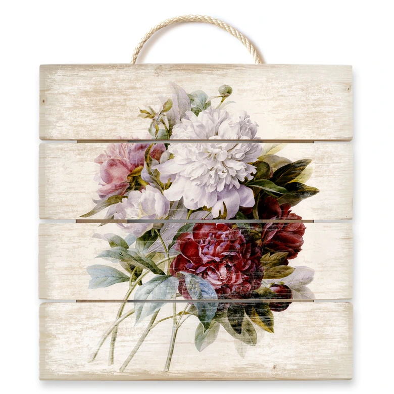Holzbild Redouté - Strauss von roten, lila und weißen Pfingstrosen - 40x41,5 cm 
