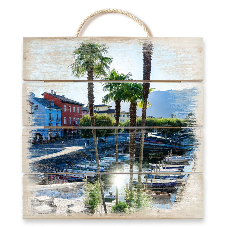 Holzbild Hafen am Lago Maggiore - 40x41,5 cm 