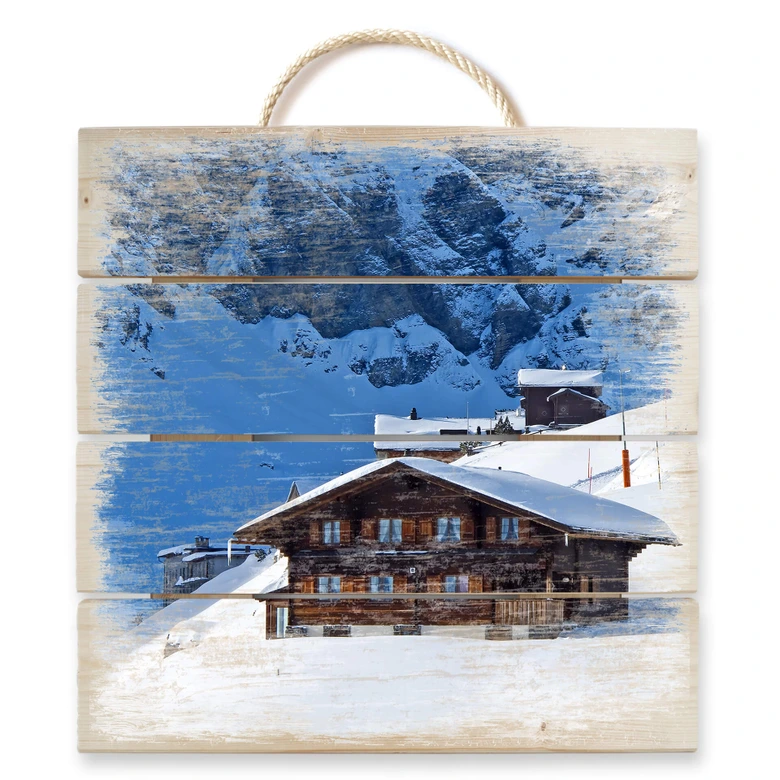 Holzbild Ferienhütte in den Schweizer Alpen - 40x41,5 cm 