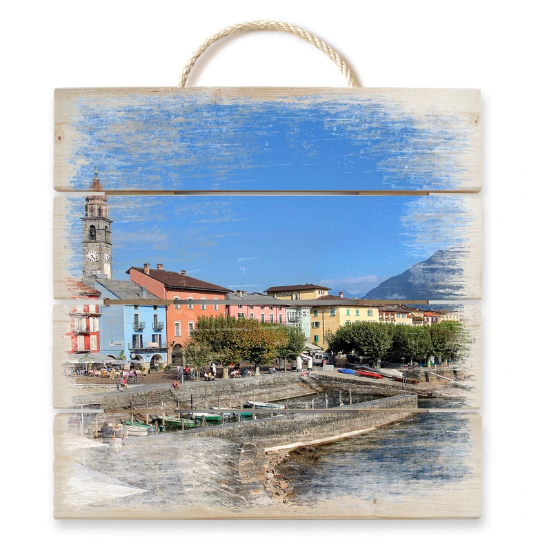 Holzbild Hafenpromenade am Lago Maggiore - 40x41,5 cm 