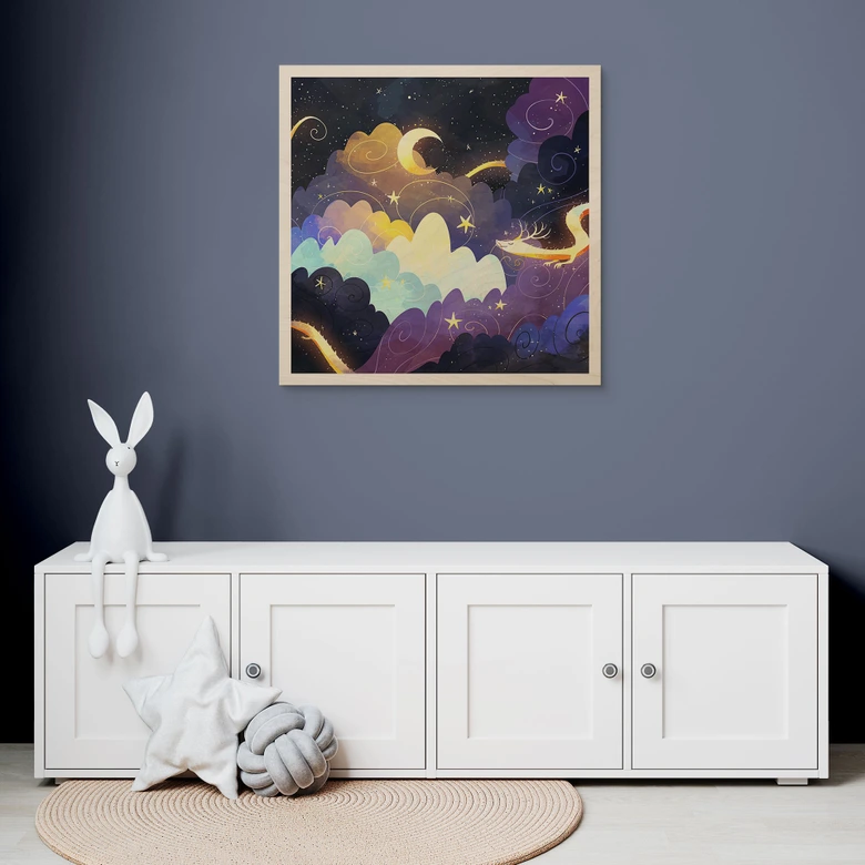 Houten Wanddecoratie van een vlieger vliegend door sterrenwolken - DigitalArtsi 