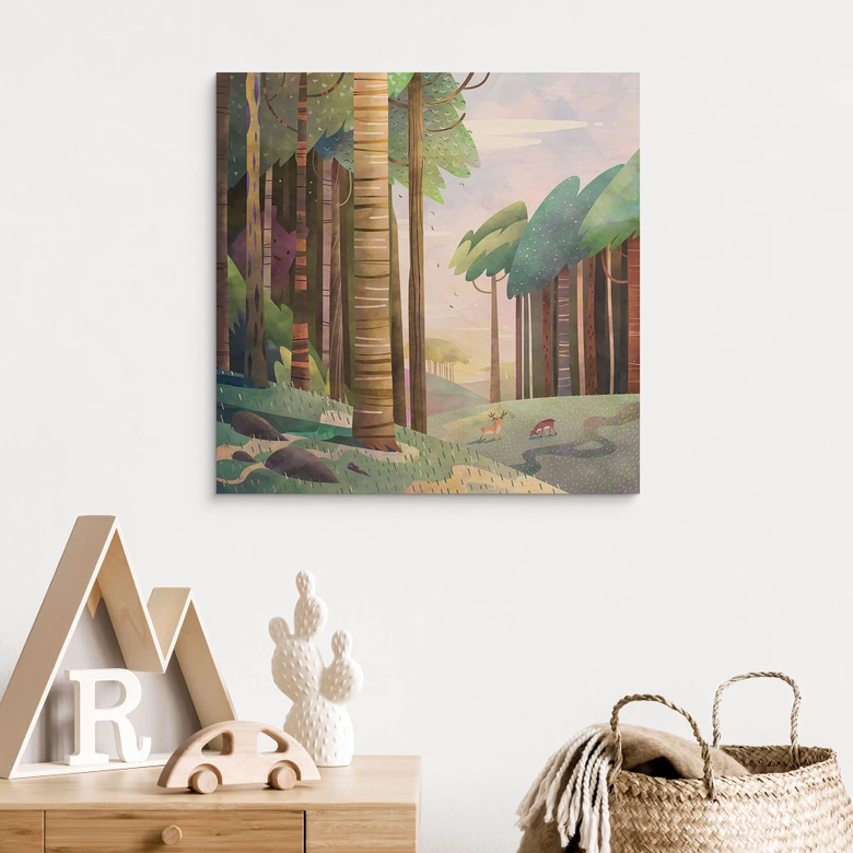 Holzbild Sonniger Wald mit Hirsch - DigitalArtsi 