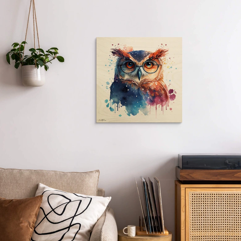 Holzbild Heine - Intelligente Eule mit Brille - Astro Cruise - Quadratisch 