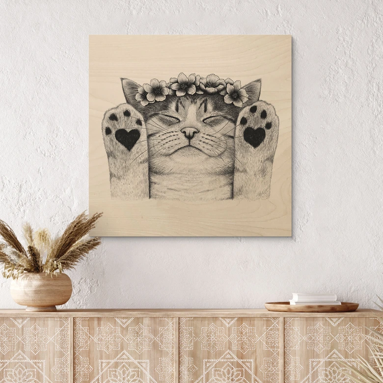 Holzbild Süße Katze mit Herz-Pfoten - Korenkova - Quadratisch 